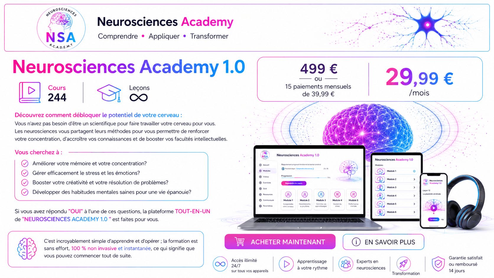 L'offre Neurosciences Academy 1.0